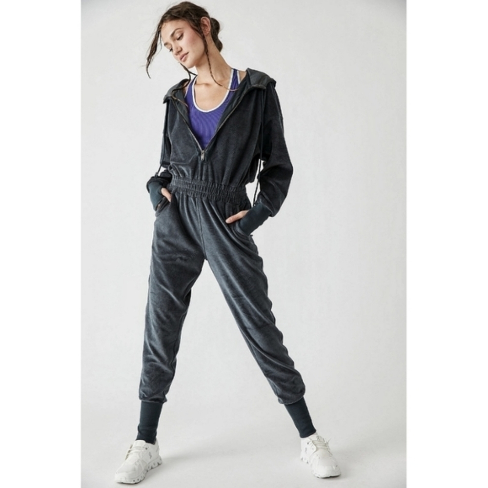 Free People Movement Velour Athleisure Gray Jumpsuit, Size XS Cozy Loungewear